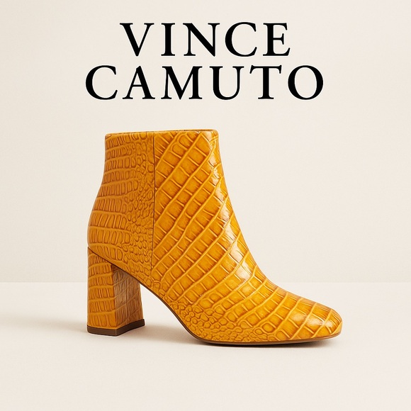 Vince Camuto Benedie Croc Embossed Patent Leather Block Heel Booties Amber 8M - Picture 1 of 8